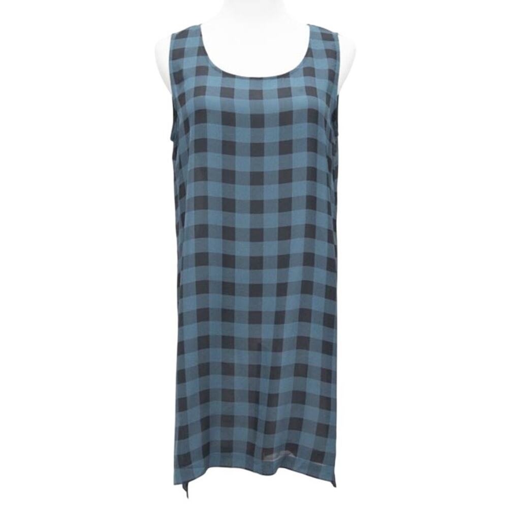 Eileen Fisher 100% Silk Blue Check Plaid Tunic Tank Top Size Small